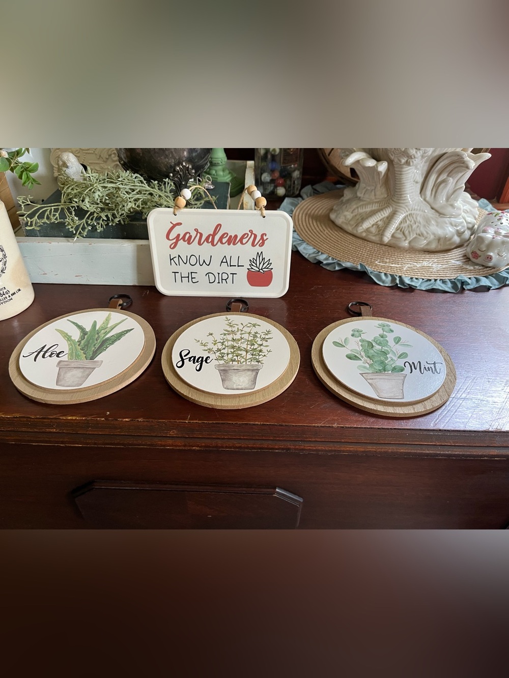 Gardeners Collection. One small gardener metal sign & Set of 3 Herb Signs